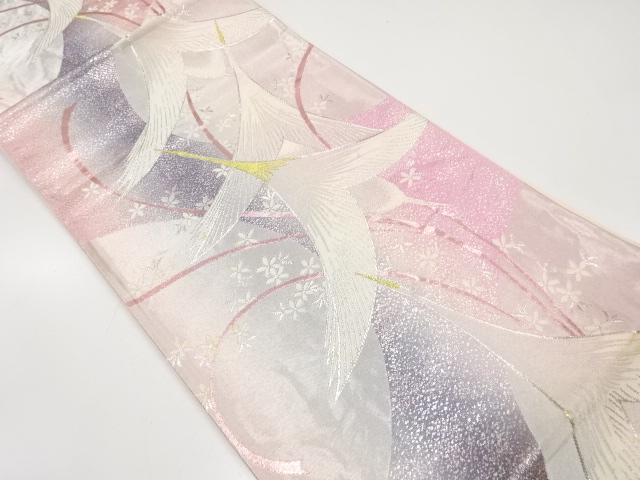 JAPANESE KIMONO / ANTIQUE FUKURO OBI / SILK / WOVEN CRANE